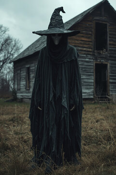 Eerie mysterious figure in a rural landscape &mdash; part of a folk horror and dark poetry series