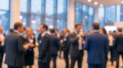Fototapeta premium Out of focus corporate networking reception in a bright modern office lobby with business people in suits socializing and drinking wine during a professional evening event