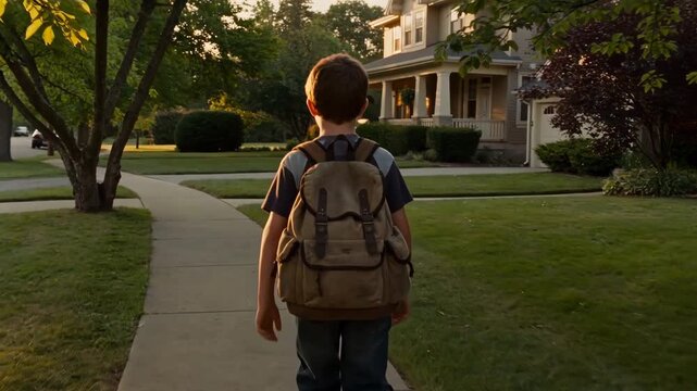 Young boy walking along curved suburban sidewalk toward porch, canvas backpack visible from rear shoulder view during warm golden hour in quiet neighborhood, with boy, child, walking, sidewalk detail