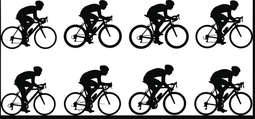 Obraz premium Road Cyclist Silhouette Vector Bundle Featuring Racing Bicycle Riders in Aerodynamic Cycling Poses for Sports and Fitness Designs