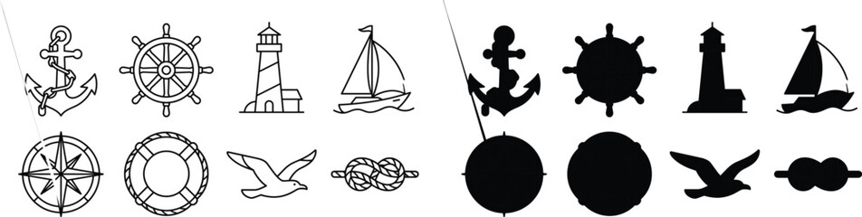 Nautical Marine Line Art and Silhouette Icons Set Featuring Anchor Helm Lighthouse and Compass © Rezoara