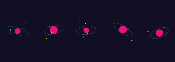Minimalist illustration of five pink planets orbiting in deep space © Harmanhu