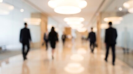 Fototapeta premium Blurred silhouettes of business people in suits walking through bright modern office hall with warm ceiling lighting and glass partitions for corporate business concept