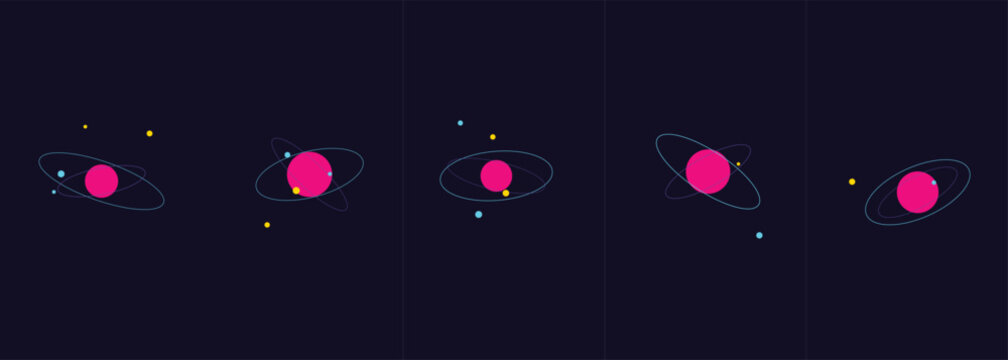 Minimalist illustration of five pink planets orbiting in deep space