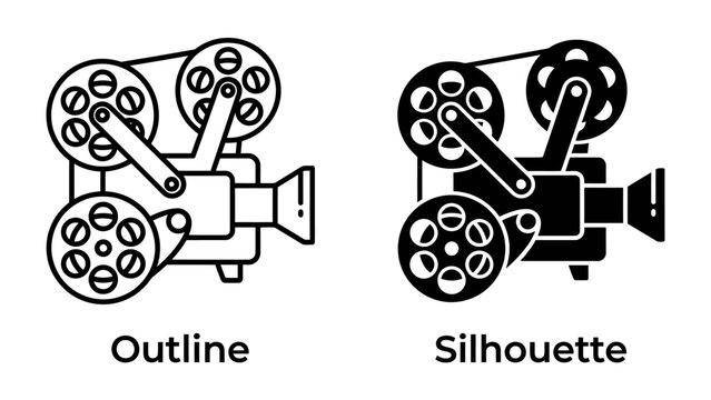 Vintage Projector Icons: A set of stylized icons featuring vintage film projectors, presented in both outline and silhouette forms. Ideal for projects related to cinema, retro media, or creative arts.