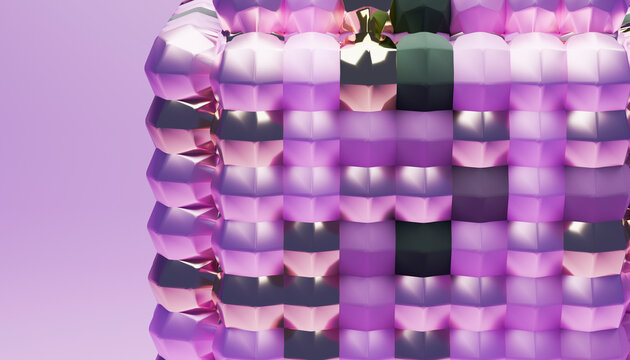 3d rendering of an abstract sculpture with reflective purple blocks