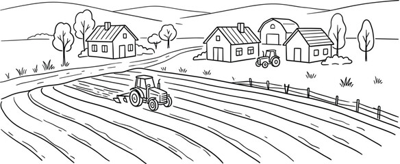 Fototapeta premium Rural landscape with farmhouses and a tractor plowing fields a black and white illustration