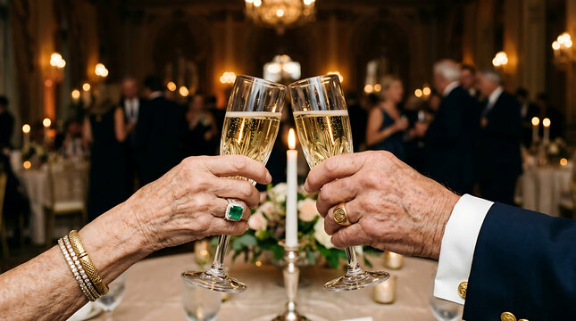 Romantic close up of an elderly couple toasting champagne flutes at an elegant candlelit gala dinner gathering.