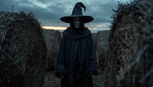 Eerie mysterious figure in a rural landscape &mdash; part of a folk horror and dark poetry series