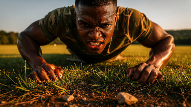 Black soldier doing pushups on grass during sunset. Intense athlete in camouflage gear performing outdoor training. Grit and determination concept for military recruitment or fitness marketing.