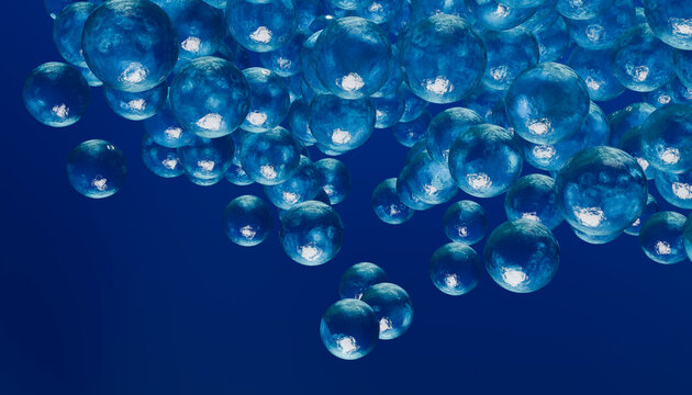 A digital rendering of multiple transparent blue spheres floating