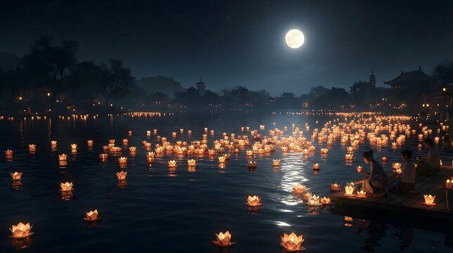 People releasing floating water lotus lanterns on lake night under full moon