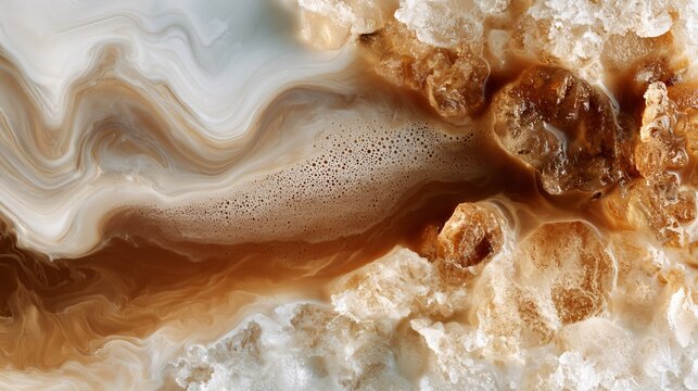 A macro texture study flat lay emphasizing milk swirls, coffee gradients, condensation, and ice formations within iced coffee 
