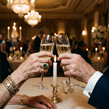 An elegant senior couple clinking champagne flutes during a luxurious candlelight dinner celebration in a grand hall.