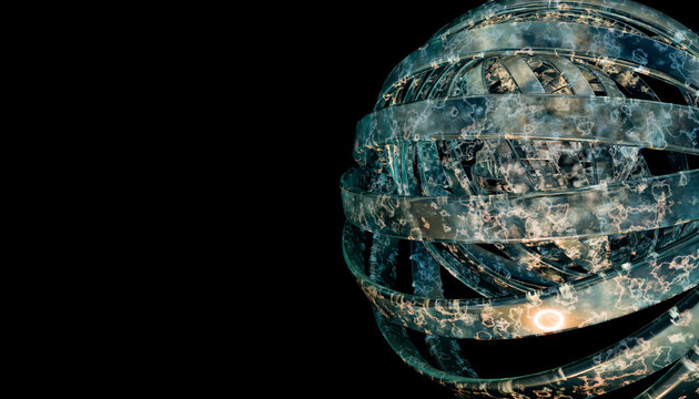 Abstract spherical 3d rendering with glowing spiral rings on dark