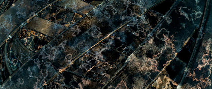 3d abstract digital rendering of dark metallic bands with electric
