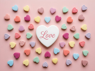 Fototapeta premium Charming Valentine heart candies pattern with a white Love candy center placed on a light pink background.