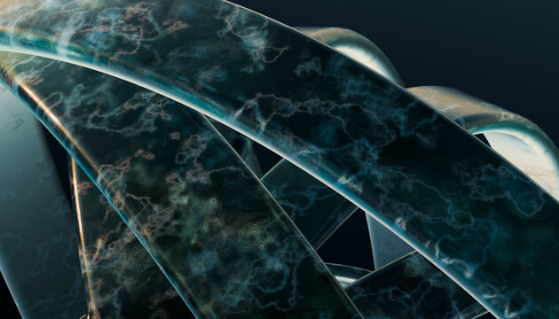 Digital rendering of twisting dark blue and black abstract shapes