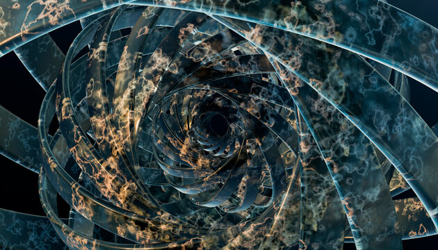A 3d rendering of a spiraling metallic ribbon structure