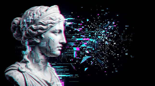 Marble bust with glitch effect, symbolizing digital decay and transformation, perfect for technology or abstract concepts