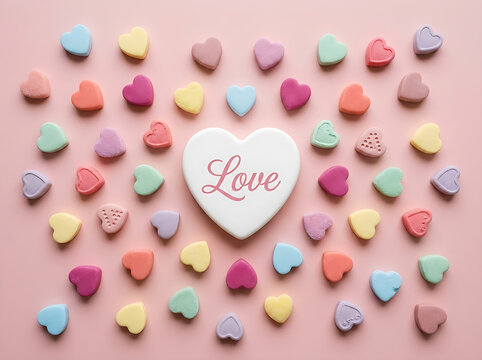 Charming Valentine heart candies pattern with a white Love candy center placed on a light pink background.