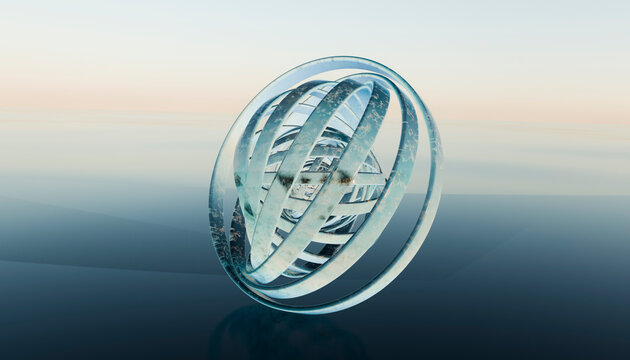 A 3d abstract sculpture of floating metal rings