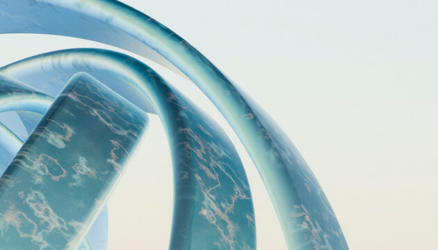 3d rendering of blue abstract curved shapes with marble-like texture