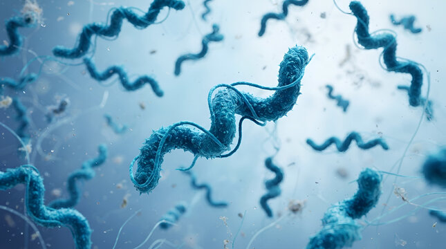 Microscopic Spiral Bacteria A captivating high resolution visualization of spiral shaped bacteria with a dominant spirochete in sharp focus
