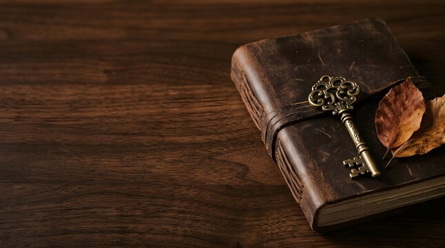 Close-up of ornate vintage brass key on rustic brown leather-bound journal with dried autumn leaves on dark textured wooden table background; wide view with copy space on the left.