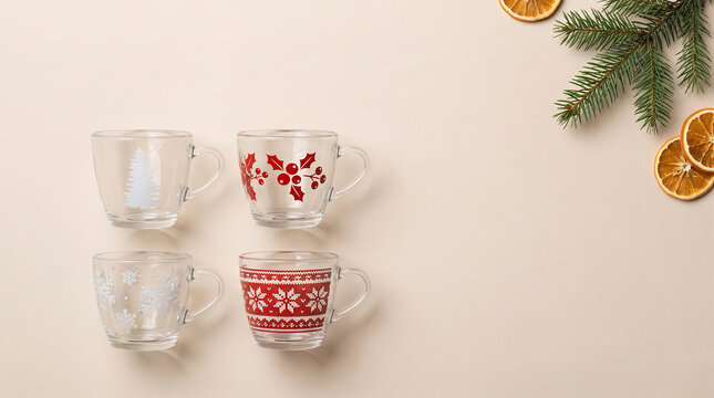 Festive Christmas themed drinkware mockup for advertising, featuring patterned glass mugs on a light background with ample copy space for text or branding.