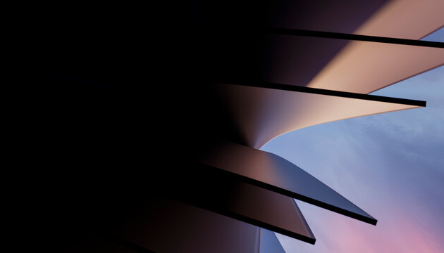 Abstract rendering of modern curved architectural structure at sunset