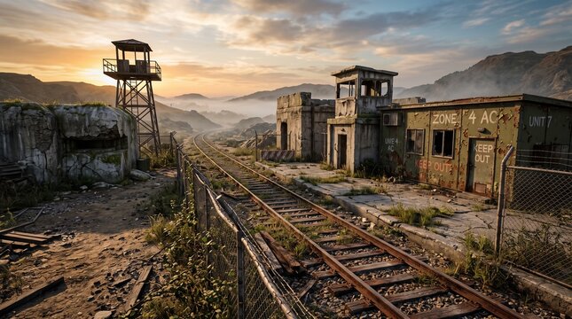 Abandoned military checkpoint with guard tower and rusted railway tracks at sunset.