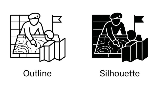 Map Study: A military figure, wearing a beret, studies a topographical map with a subordinate, planning a strategy or operation, illustrated in both outline and silhouette versions.
