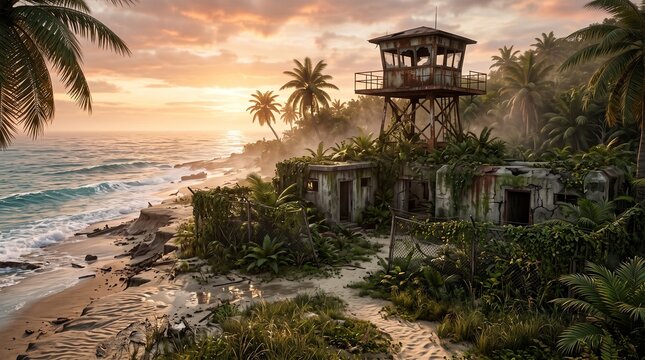 Abandoned military watchtower on a tropical beach at sunset with lush jungle vegetation.