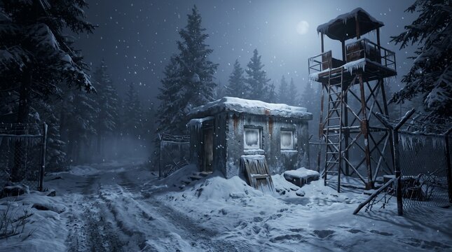Abandoned military outpost in a snowy forest at night under moonlight.
