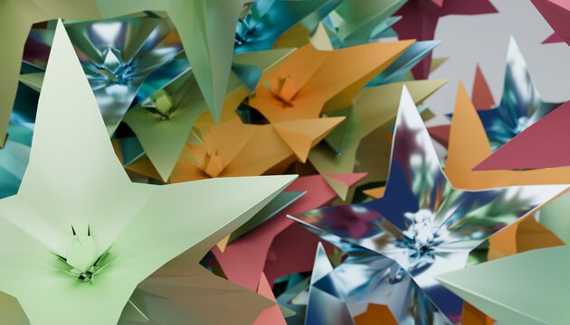 Colorful abstract three-dimensional rendering of sharp star shapes