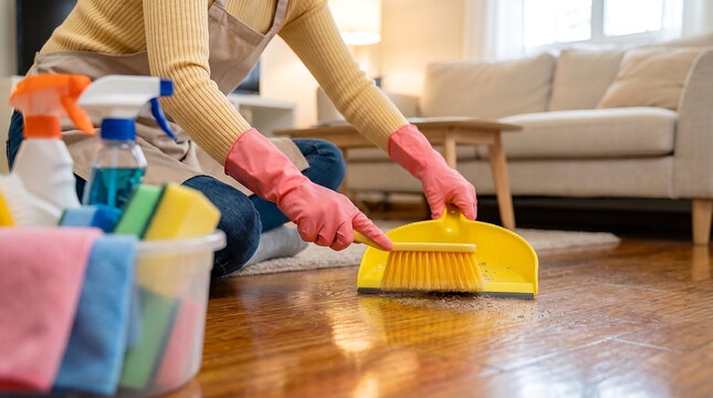 Professional woman cleaning wooden surface using brush and pan during clean your floor day to ensure a hygienic and sparkling interior house space