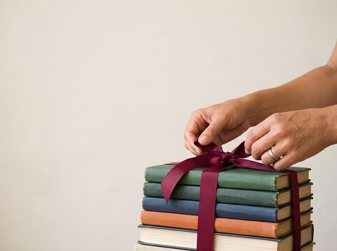 Close-up shot of a person's hands tying a burgundy silk ribbon into a bow around a vertical stack of vintage hardcover books in green, blue, and orange tones against a white wall.