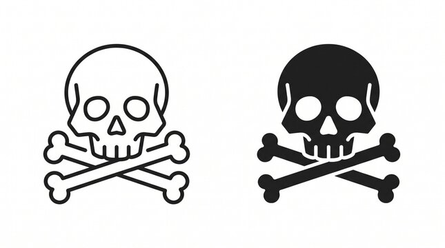 Two stylized skull-and-crossbones icons side by side, one outlined and one filled, symbolizing danger or toxicity in minimalist design.