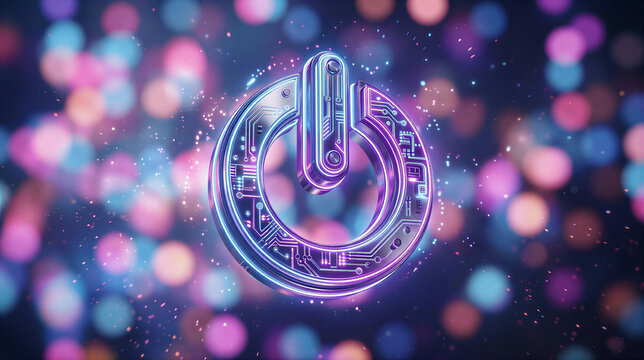 A glowing power icon embedded with circuit patterns floats against a vibrant, multi colored bokeh background with digital data elements.