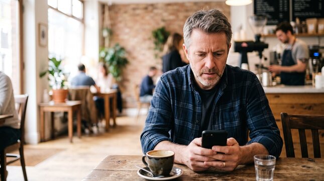 Middle aged man checking smartphone with concerned expression in cafe representing online security awareness