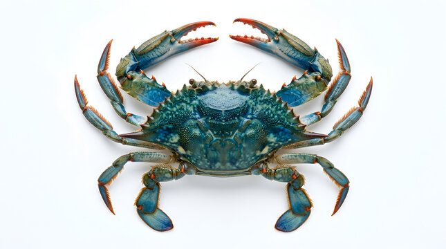 Blue Crab Display A vibrant blue crab with sharp claws is presented from a top down perspective showcasing its intricate shell pattern and aquatic beauty