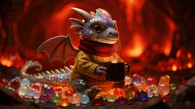 Cute baby dragon in a sweater holding a steaming mug in a crystal cave. Adorable mythical creature wearing a scarf among glowing gems. Fantasy art ideal for cozy winter and coffee marketing.