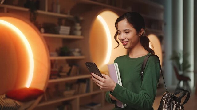 Happy Asian female student scrolling on cellphone in modern library, e-books