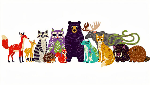Woodland animals group in a stylized folk art illustration. Includes bear, fox, owl, and raccoon in a whimsical row. Nature conservation theme ideal for nursery decor and children's education.