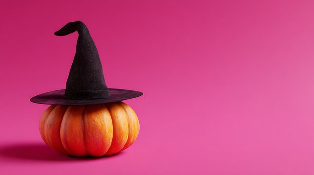 Cute orange Halloween pumpkin wearing a black witch hat on vibrant pink background with copy space
