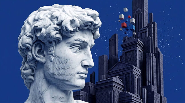 Pixelated marble bust against a blue background with cubical elements and city buildings, symbolizing digital art and urban future