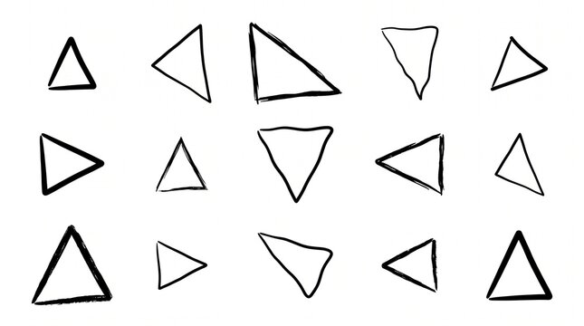 Fifteen hand-drawn triangular shapes arranged in a grid, each slightly varied in size, orientation, and line thickness on white background.