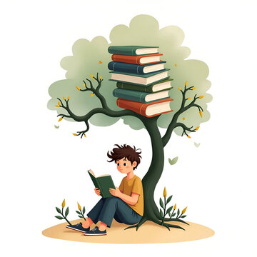 Boy Reading Under a Book Tree &ndash; Imagination and Learning Illustration/ Cute Student Reading Under a Magical Tree of Books Cartoon Art
