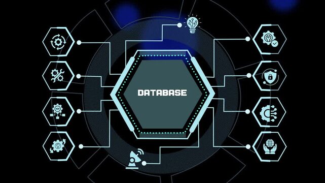 Database management concept featuring futuristic digital architecture, secure enterprise information systems, cloud integration and intelligent data processing.